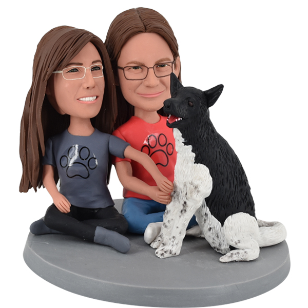 Couple Sitting Bobbleheads Custom with Pet