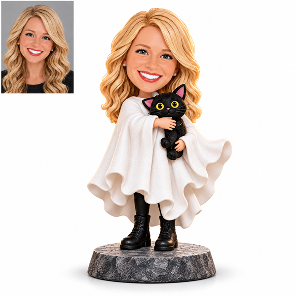 Custom Halloween Ghost Bobblehead with Black Cat from Photo