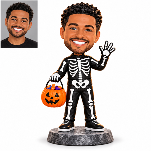 Custom Halloween Skeleton Bobblehead holding pumpkin candy bucket