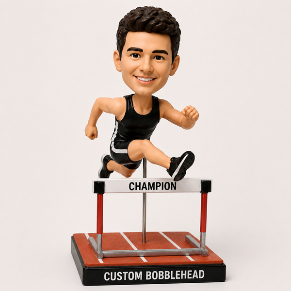 Custom bobblehead jumping a track hurdler