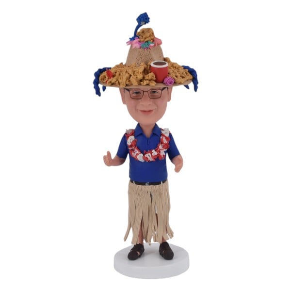 FBB23557 Hawaii tiki-style straw hat with lei and grass skirt