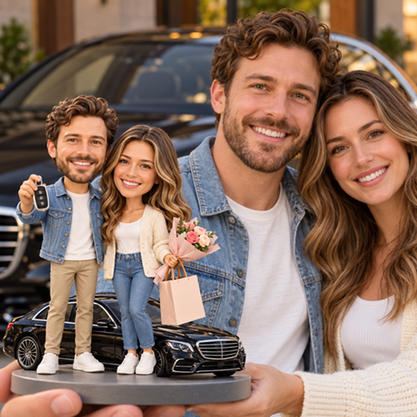 Couple Bobblehead standing by car