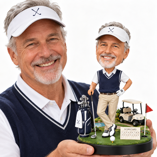 Custom bobble head in golf cart with golf bag