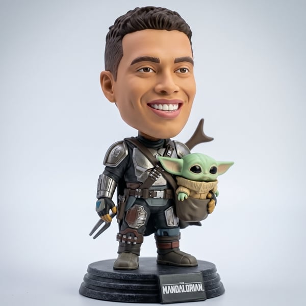 Customized bobblehead mandolorian with grogu